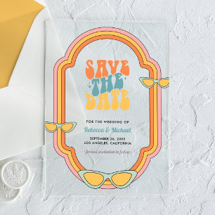 70s Retro Kleurrijke Groovy Wedding Save the Date Acryl Uitnodigingen