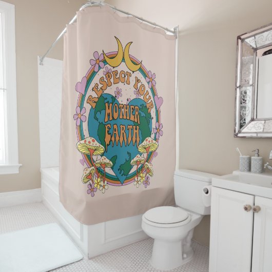70's Retro Moeder Aarde Grafisch Douchegordijn (In situ)
