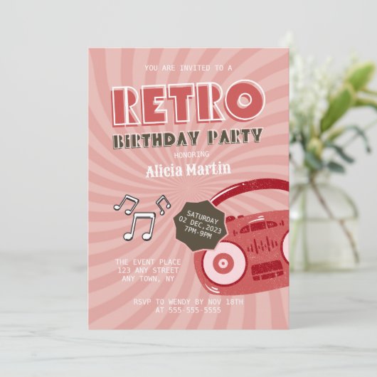 70s Retro Muziek Verjaardagsfeest Uitnodiging (Staand voorkant)