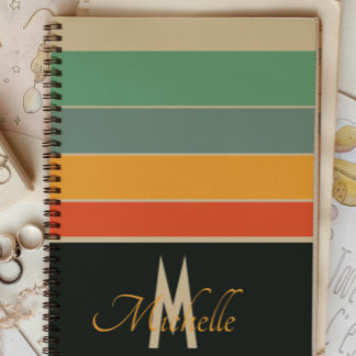 70s retro Navy blauw en roze Stripes monogram Notitieboek