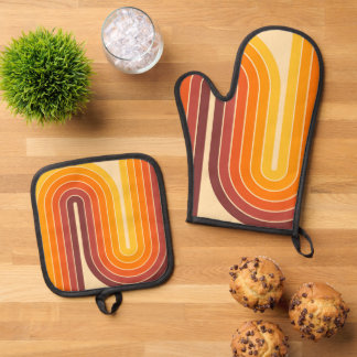 70s Retro Stijl Geometrisch Ontwerp Ovenwant & Pannenlap Set
