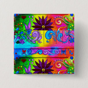 70's roovy hippie-knop vierkante button 5,1 cm