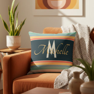 70s roze en blauwe strepen monogram kussen