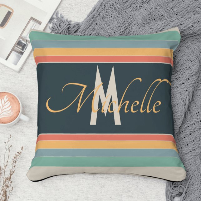 70s  roze en blauwe strepen monogram kussen (Creator heeft geüpload)