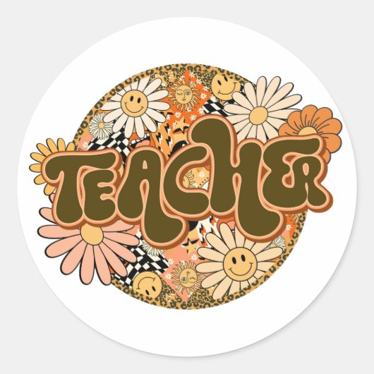 70s Style Floral "Teacher" Appreciation Ronde Sticker (Voorkant)
