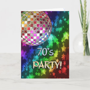70s uitnodiging met discobal en regenboog van ster