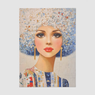 70s Vrouw, Blauw & Wit Bloemmotief Afro EC8R Decou Tissuepapier