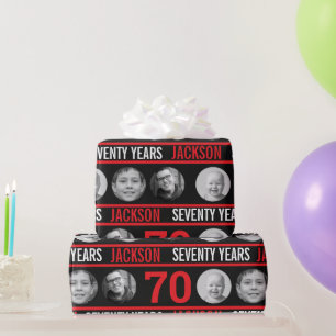 70ste verjaardag aangepaste foto rood en zwart cadeaupapier