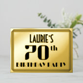 70ste verjaardag: Art Deco Kijk "70" en naam Folie Uitnodiging (Staand Voorkant)