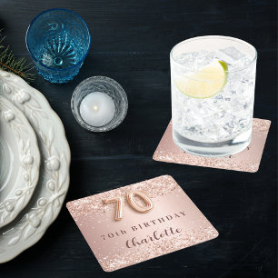 70ste verjaardag roos Gold Blush Naam Vierkante Kartonnen Onderzetter