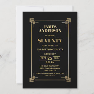 70th Birthday Black and Gold Party Invitation Kaart