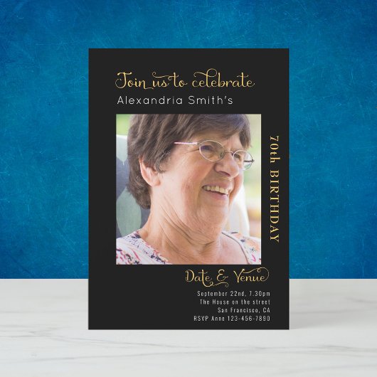 70th Birthday Black Invitation Kaart