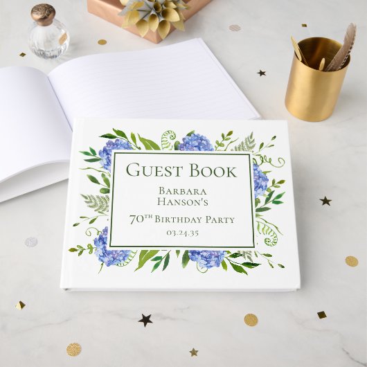 70th Birthday Blue Hydrangeas Gastenboek (Voorkant open)