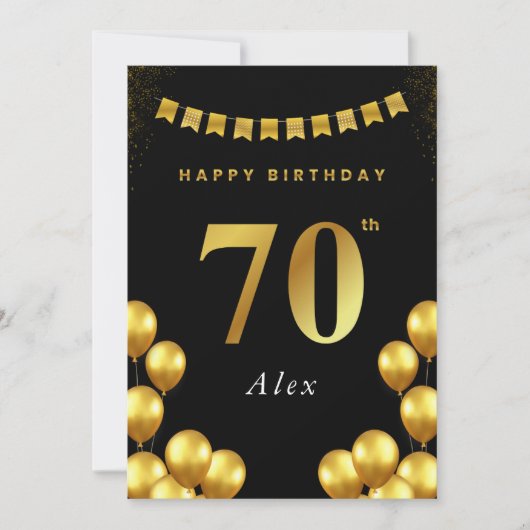 70th Birthday Card Black and Gold Balloons Kaart (Voorkant)