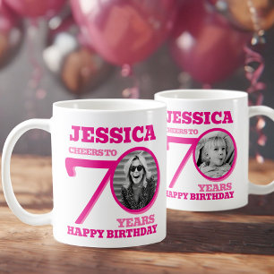 70th Birthday dubbelzijdige foto naam roze tekst Koffiemok