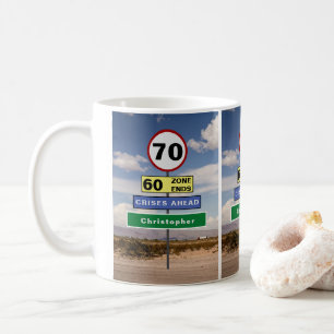 70th Birthday Funny Road Trip Signs Voeg Jouw naam Koffiemok