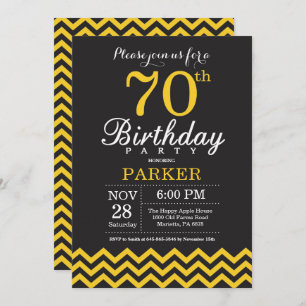 70th Birthday Invitation Black and Yellow Chevron Kaart