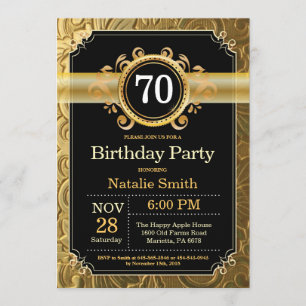 70th Birthday Invitation Black en Gold Glitter Kaart