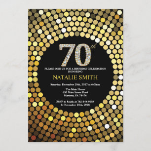 70th Birthday Invitation Black en Gold Glitter Kaart