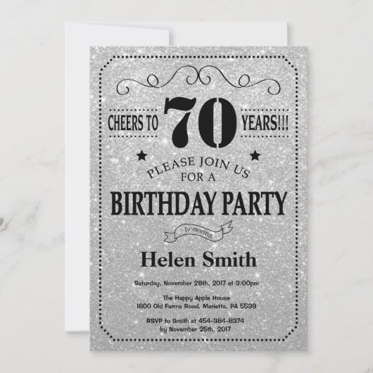 70th Birthday Invitation Black en Silver Glitter Kaart (Voorkant)