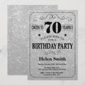 70th Birthday Invitation Black en Silver Glitter Kaart (Voorkant / Achterkant)