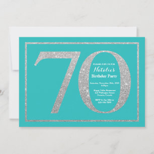 70th Birthday Invitation Blauwgroen en Silver Glit Kaart