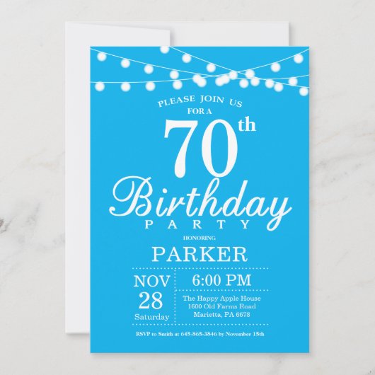 70th Birthday Invitation Blue Kaart (Voorkant)