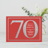 70th Birthday Invitation Red en Silver Glitter Kaart (Staand voorkant)