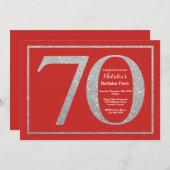 70th Birthday Invitation Red en Silver Glitter Kaart (Voorkant / Achterkant)
