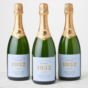 70th Birthday Name 1952 Blue Grey Elegant Chic Sparkling Wijnetiket