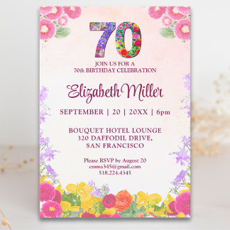 70th Birthday Party Floral Elegant Pink Design Kaart