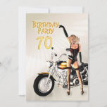 70th Birthday party Invitation<br><div class="desc">A beautiful biker girl points to your party invitation. An irresistible invitation for men of any age.</div>