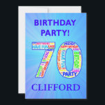 70th Birthday Party Invitation Ajouter un nom<br><div class="desc">70e invitation de fête d'anniversaire. Ajoutez un nom et vos détails pour faire une fantastique invitation de fête d'anniversaire. Les chiffres sont faits à partir de mots liés aux anniversaires pour que tout le monde soit d'humeur !</div>