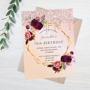 70th Birthday roos Gold glitter florals uitnodigin Briefkaart