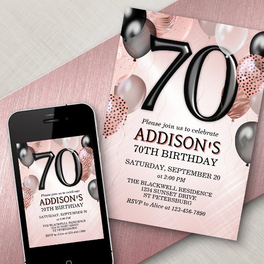 70th Birthday Roos Gouden Ballonnen Uitnodiging