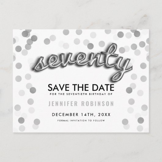 70th Birthday Save the Date Silver Balloons Aankondigingskaart (Voorkant)