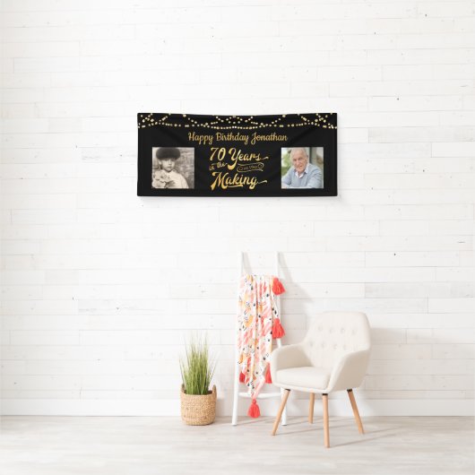 70th Birthday Zwart Goud String Lights Foto's Spandoek (Insitu)