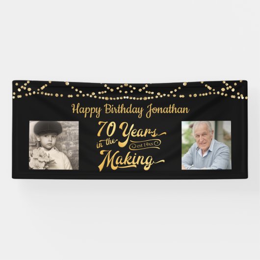 70th Birthday Zwart Goud String Lights Foto's Spandoek (Horizontaal)