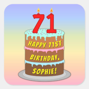 71e verjaardag: Fun Cake and Candles + Custom Name Vierkante Sticker