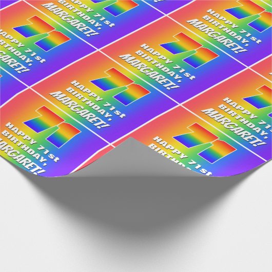 71ste verjaardag: kleurrijk, vun regenboogpatroon cadeaupapier (Hoek)