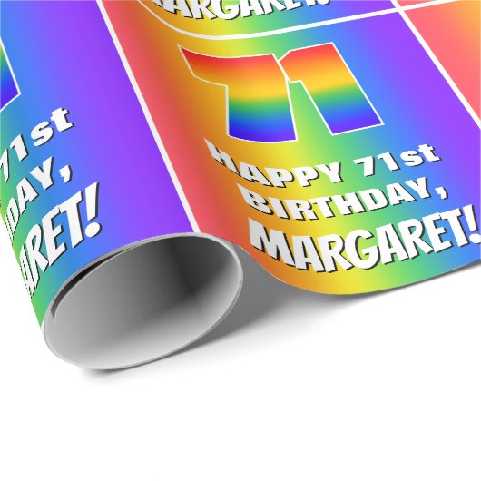 71ste verjaardag: kleurrijk, vun regenboogpatroon cadeaupapier (Rol Hoek)