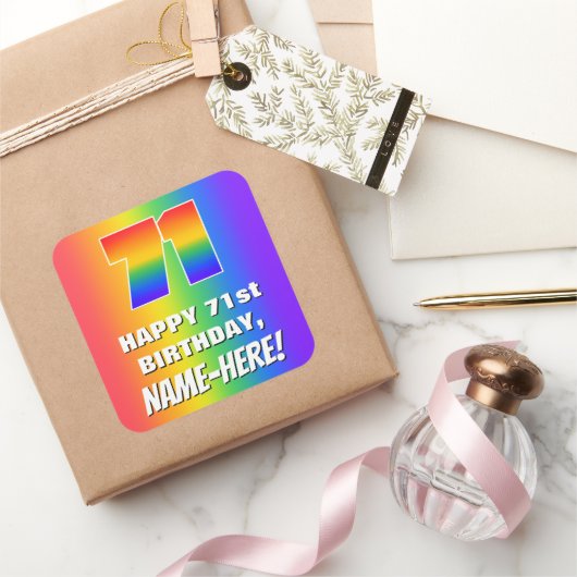 71ste verjaardag: kleurrijk, vun regenboogpatroon vierkante sticker (Geschenken)