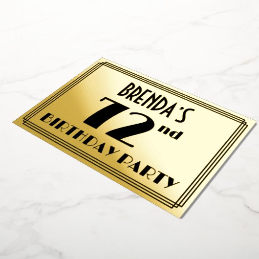 72e verjaardag — Art Deco look "72" + naam Folie Uitnodiging (Gedraaid)