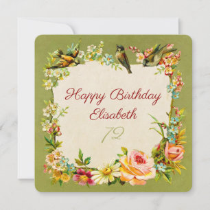 72e verjaardag  bloemen & vogels antieke kaart