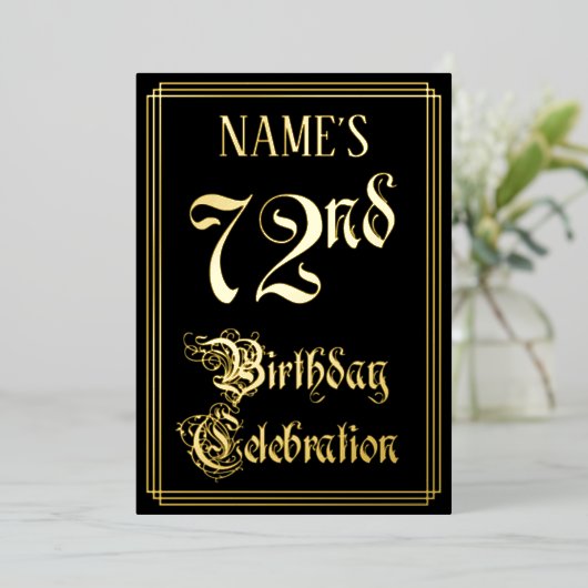 72e verjaardag — Fancy script en aangepaste naam Folie Uitnodiging (Staand Voorkant)