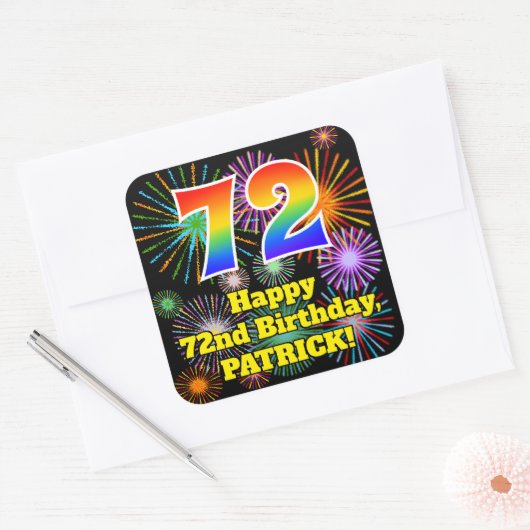 72e verjaardag: Fun Fireworks Kijk, regenboog # 72 Vierkante Sticker (Envelop)