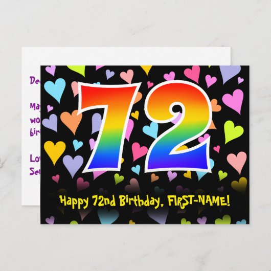 72e verjaardag: Fun Hearts Pattern, Regenboog 72 Briefkaart (Voorkant / Achterkant)