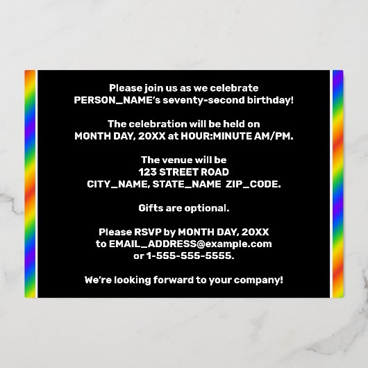 72e verjaardag - Fun, regenboogspectrum "72" Folie Uitnodiging (Achterkant)