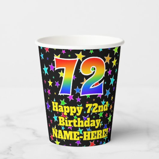 72e verjaardag: Fun Stars Pattern en Rainbow 72 Papieren Bekers (Achterkant)