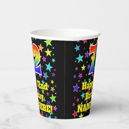 72e verjaardag: Fun Stars Pattern en Rainbow 72 Papieren Bekers (Rechts)
